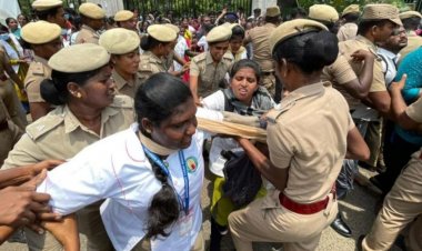 கருணாநிதி சிலை முன்பு செலிவியர்கள் போராட்டம்! மீண்டும் மீண்டும் கைது!