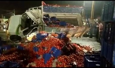 தக்காளி லாரி தலைக்குப்புற கவிழ்ந்து விபத்து!